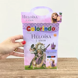 Lembrancinha Rapunzel Enrolados - Kit de Livros para Colorir + Mini lápis de cor