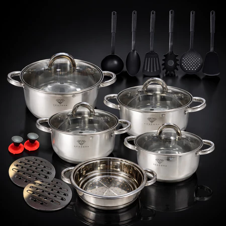 Jogo de Panelas 19 Peças Aço Inox Original Genebra + Acessórios com Fundo 9 Camadas Indução e Gás