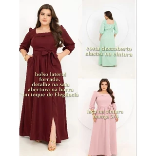 Vestido Feminino Longo Com Laço Na Cintura Elegante Manga 3/4 em Oferta na Shopee