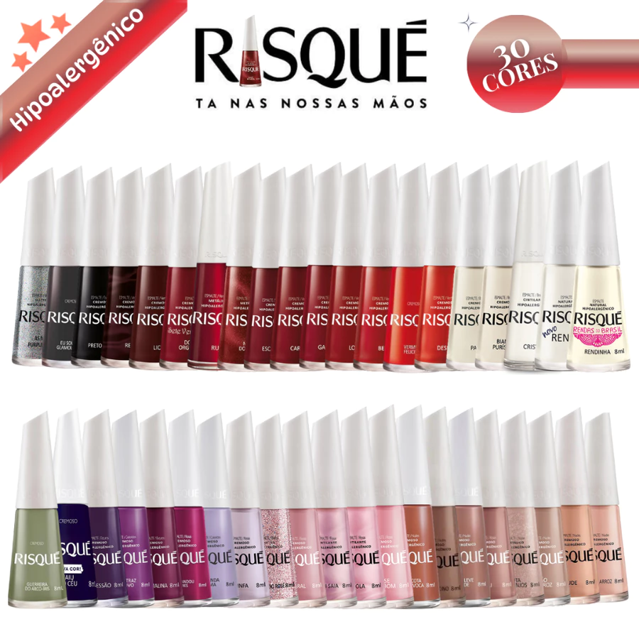 RISQUÉ KIT 40 ESMALTES DIFERENTES SORTIDOS HIPOALERGENICOS ATACADO