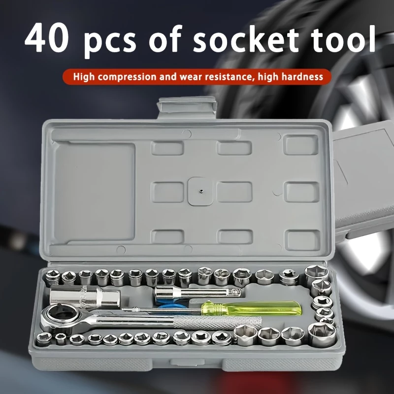 Kit De Ferramentas 40 Peças Cinzenta Preta Jogo De Soquetes Chave Catraca Reversível Com Maleta Jogo Completo