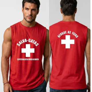 Camiseta Regata Masculina Salva Gatas Engraçada Carnaval Algodão