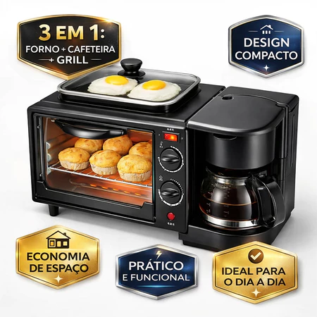 Forno De Bancada Elétrico 3 Em 1 Cafeteira Forno E Grill Preto