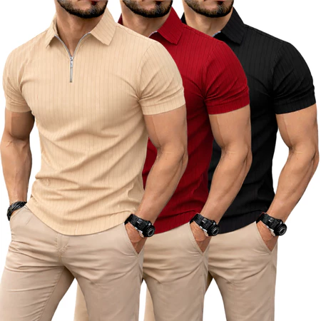 Kit 3 camisas Camiseta Polo Manga Curta Com Zíper Malha Canelada Masculina