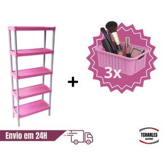 OFERTA Prateleira Multiuso com 5 Andares + 3 Cestos Organizadores Pequenos – Estante Plástica para Organização em Oferta na Shopee