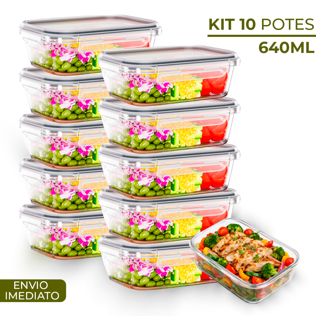 Conjunto 10 Potes 640ml Vidro Hermético 4 Travas Marmita