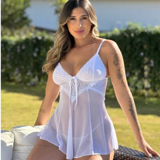 Camisola Feminina de Tule e Renda Transparente com Calcinha Lingerie Natália Roupa de Dormir Curta em Oferta na Shopee