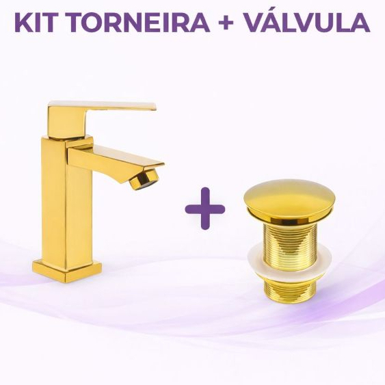KIT TORNEIRA BANHEIRO MODERNA LAVABO DOURADO + VÁLVULA CLICK 11/8 Furo.