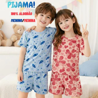 Pijama Infantil Conjunto 100% Algodão Menino e Menina Manga Curta e Short em Oferta na Shopee