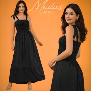 Vestido Longo de Alça Feminino Duna Premium com Lastex Ajustável em Oferta na Shopee