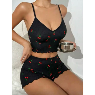 Pijama Feminino Cereja Cherry Cropped Suede Canelado em Oferta na Shopee