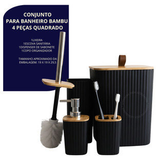 Kit Banheiro Completo Lixeira C/ Tampa Detalhes Em Bambu Luxo — foto 5 — Achou Levou Brasil