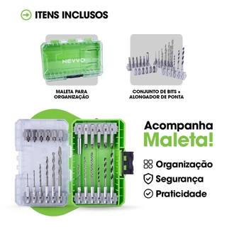 Kit Jogo Bits e Brocas 24 Pçs Parafusadeira Fura Metal Madeira Alvenaria NEVVO