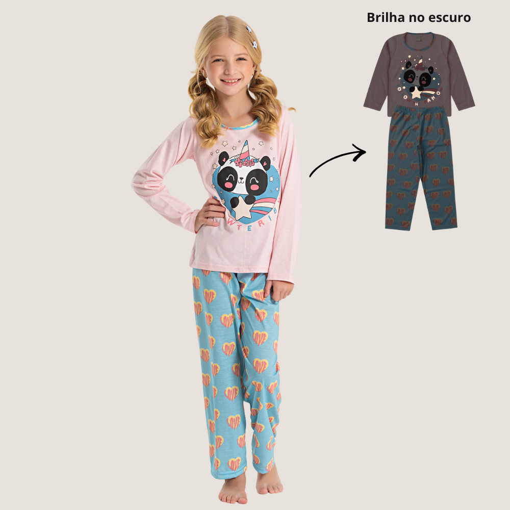 Pijama Longo Infantil Brilha no Escuro Menina Panda em Oferta na Shopee