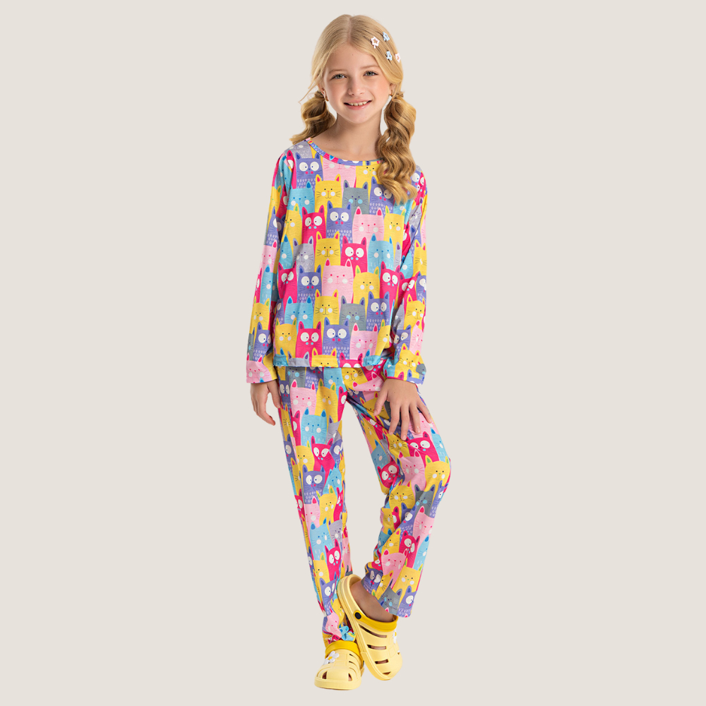 Pijama Longo Infantil Menina Gatinhos Coloridos em Oferta na Shopee