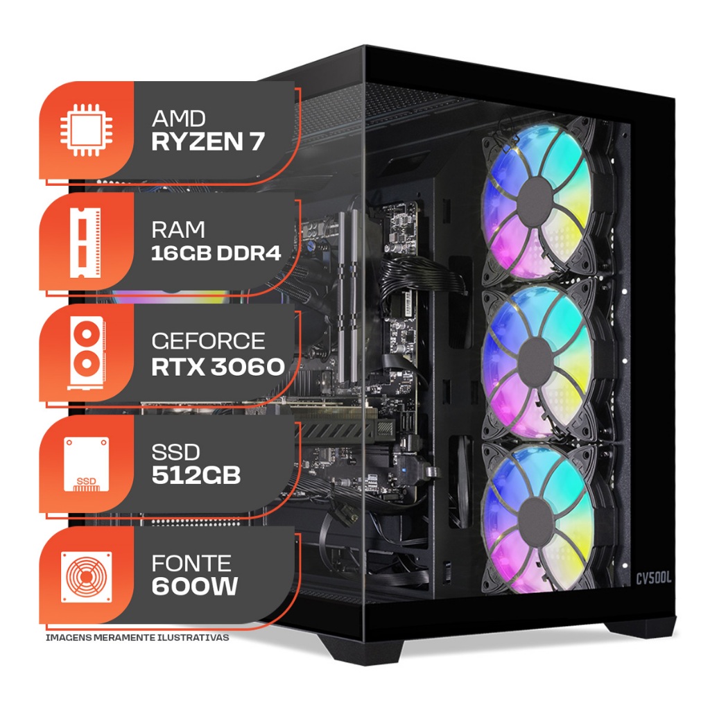 PC Gamer Titan Pro, AMD RYZEN 7 5700X, Water Cooler, GeForce RTX 3060 12GB, 16GB DDR4, SSD M.2 512GB, Fonte 600W 80 Plus
