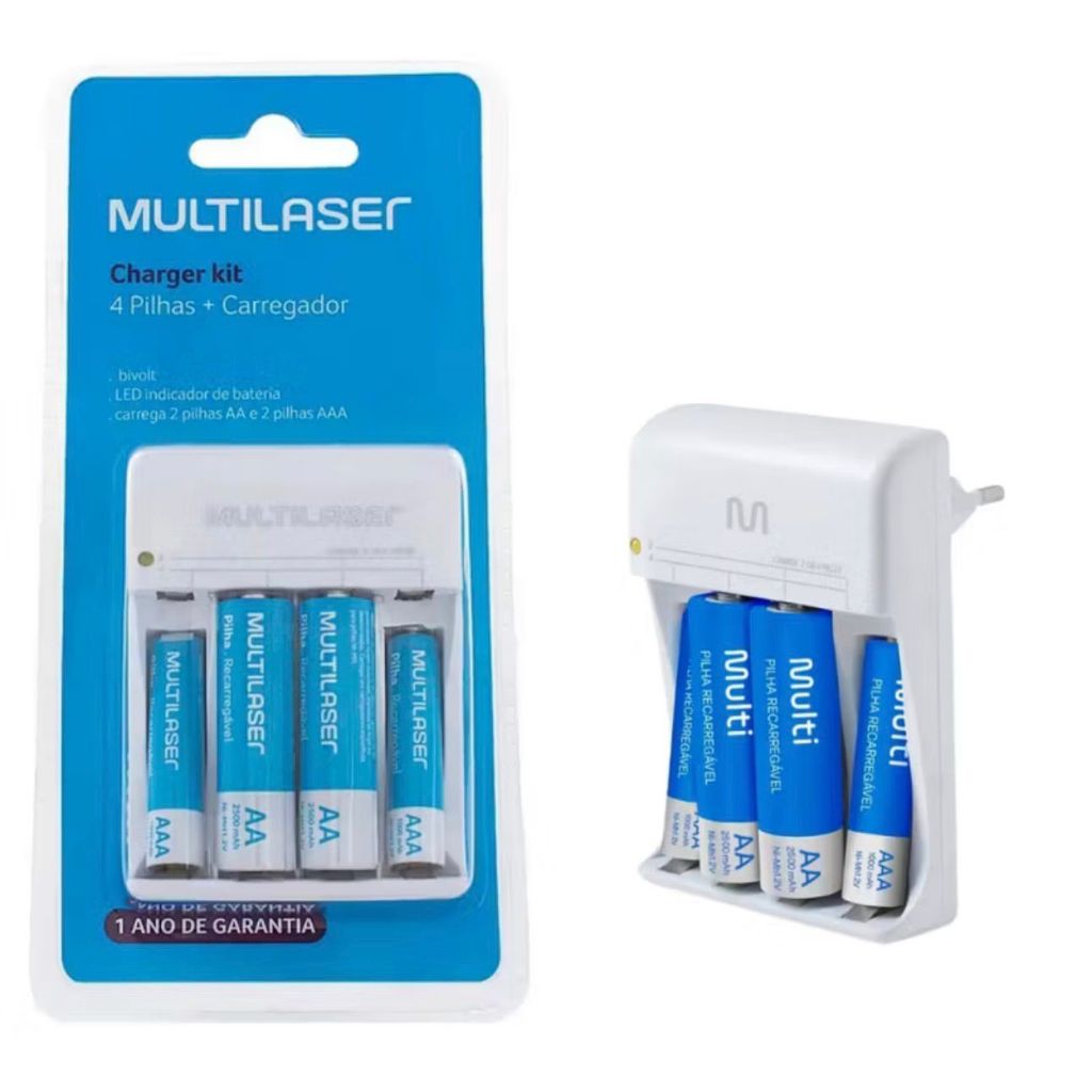 KIT CARREGADOR MULTI BIVOLT + 4 PILHAS RECARREGÁVEIS AA+AAA | Shopee Brasil