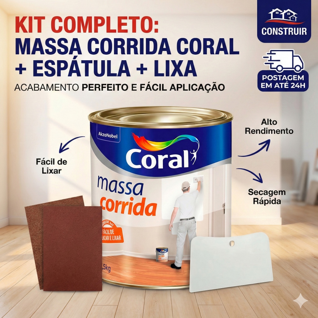 Kit Massa Corrida Coral PVA 1,5kg + Espátula + Lixa | Paredes Lisas e ...