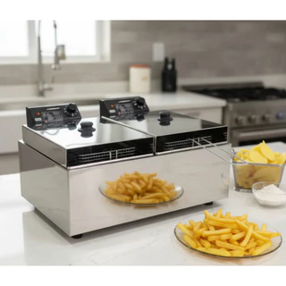 Fritadeira Elétrica Profissional em Inox Dupla 14 Litros 6.000 Watts + 2 Tampas ANTI RESPINGO- Alto Desempenho em Oferta na Shopee