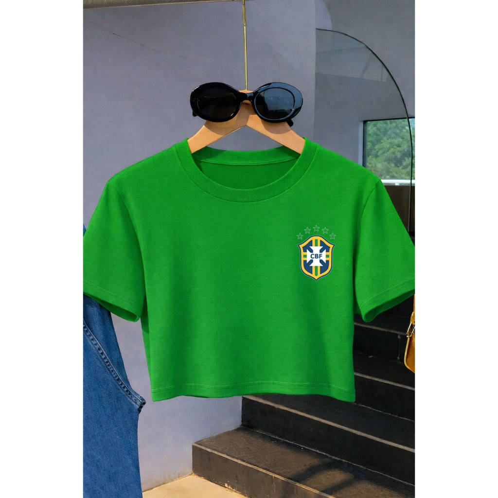 Blusa Cropped de Algodão Premium Estampado BRASÃO BRASIL COPA + ENVIO RÁPIDO em Oferta na Shopee