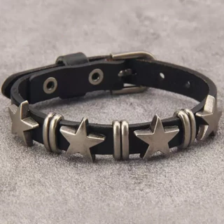 Pulseira Eddie Star Punk – Punho Unissex Em Liga E Couro Joia Gótica Preta Prateada Mão Minimalista