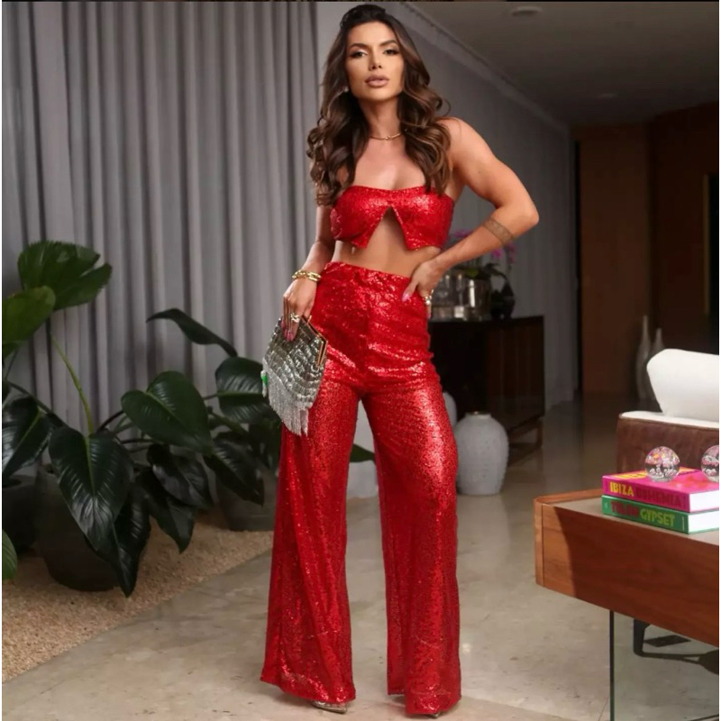 Conjunto Feminino Calça e Cropped Paetê Com Bojo Brilho Festa Balada ...