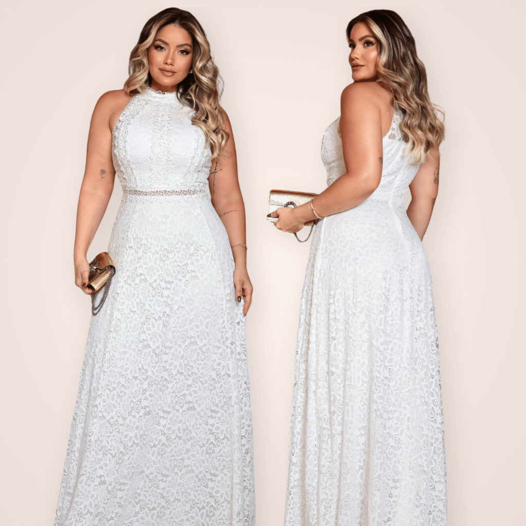 Vestido Longo Off White Renda Plus Size Festa Casamento Noiva Civil ...