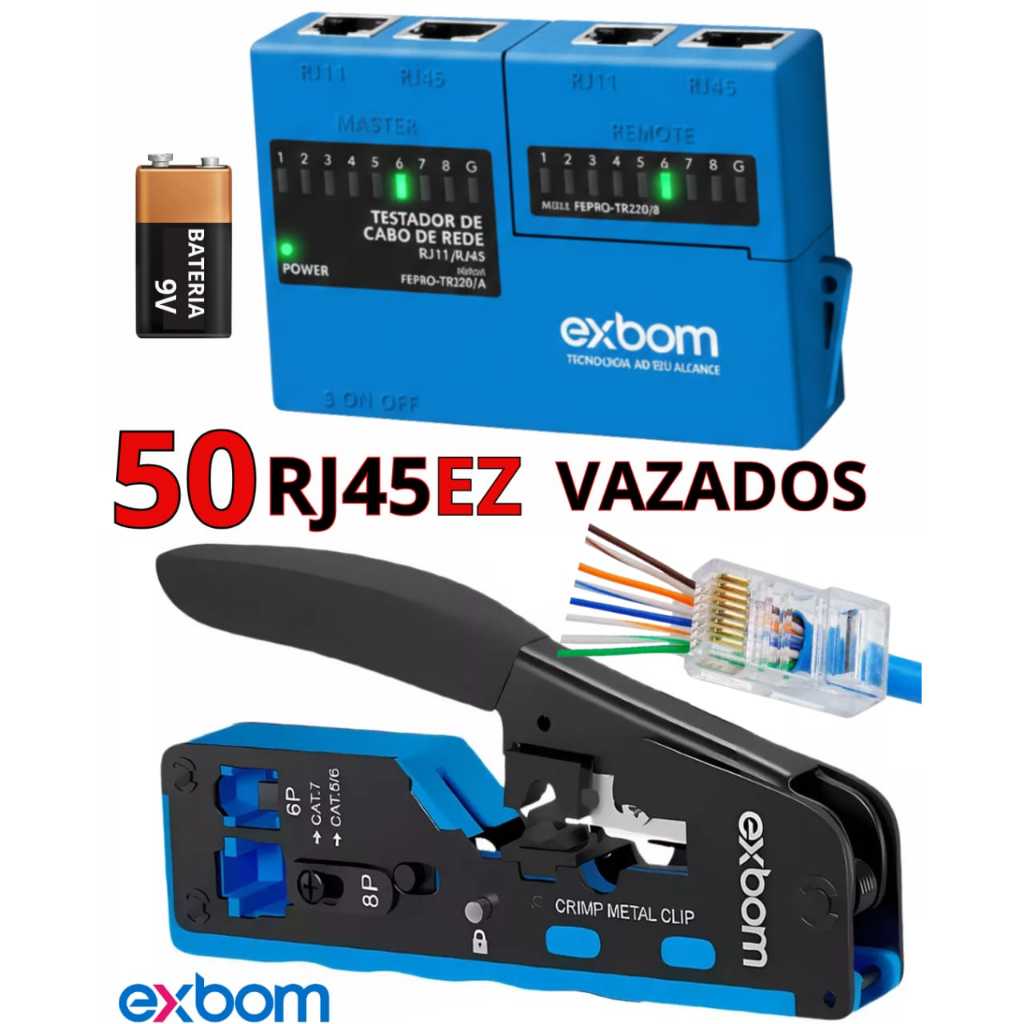 Alicate Crimpar Rj45 Vazado + Testador + 50 Rj45 Ez Passagem