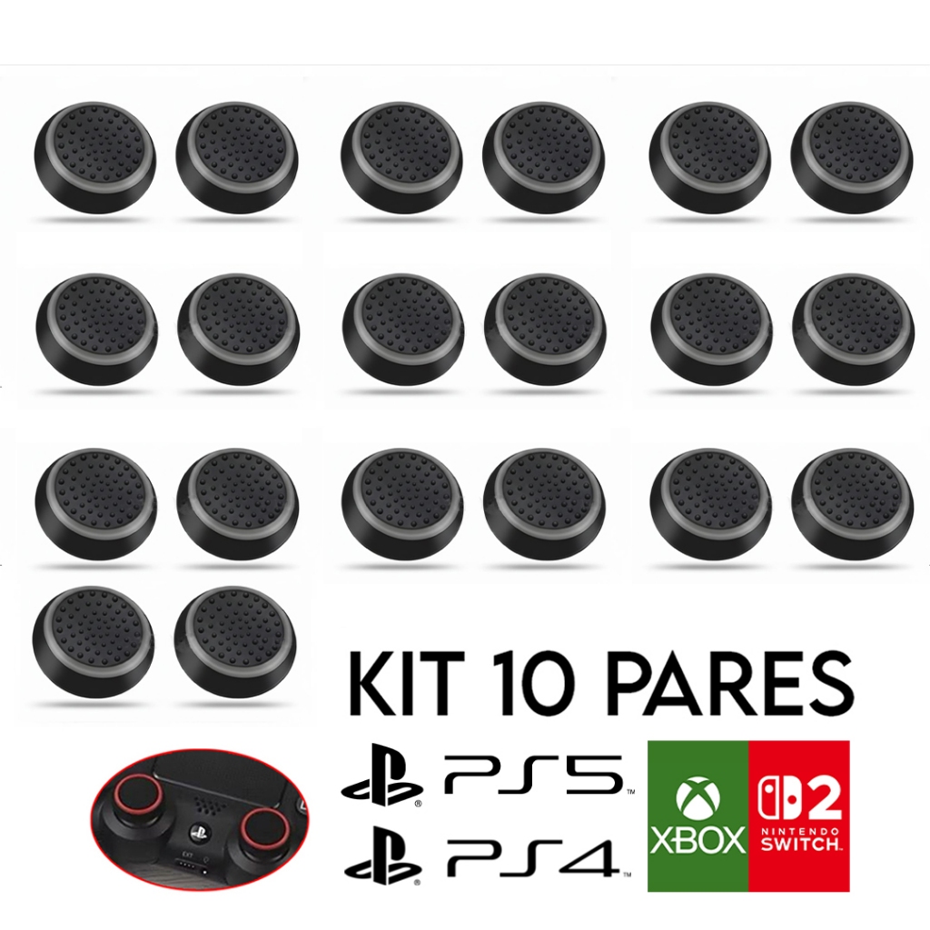 Kit 10 Pares 20 unidades de Grip Silicone Botão Ps3, Ps4, Ps5, Xbox, Wii e Switch 2 Antiderrapante.