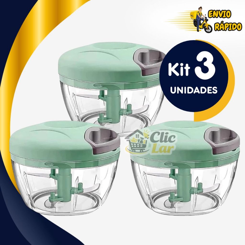 Kit 3 Processador Manual 500ml 3 Lâminas Triturador Alimento