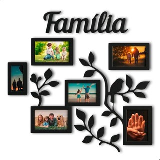 Painel Porta Retrato Parede MDF Familia 6 Fotos Decorativo Moldura Preta Galhos Enfeite Sala Quarto Organizador Grande