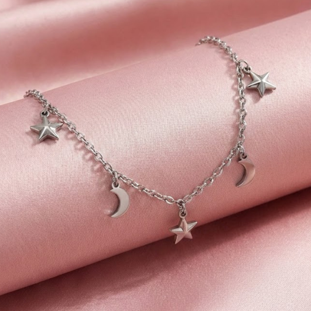 Colar Celestial Corações Estrelas em Aço Inoxidável 316L Prata Casual e Sofisticado