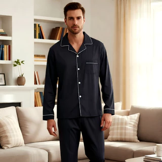 Conjunto Pijama Masculino Longo com Botões e Bolso - Roupa de Dormir Confortável, Estilo Moderno e Elegante em Oferta na Shopee