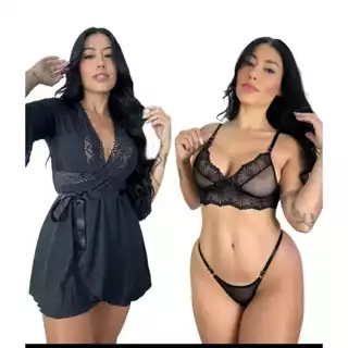 Kit robe com conjunto de tule com renda lingerie feminina 3 peças robe com amarração fita de cetim em Oferta na Shopee