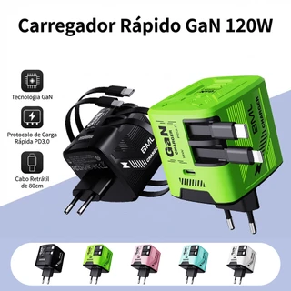 Carregador De Parede Portátil De Cabo Duplo GaN 120W Adaptador De Carregamento Rápido De Alta Potência Com Retrátil De 8 em Oferta na Shopee