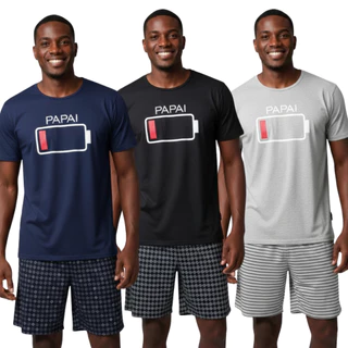 Pijama Masculino Malha PP Gola V 100% Poliéster com Short Variadas Cores Pai Bateria em Oferta na Shopee