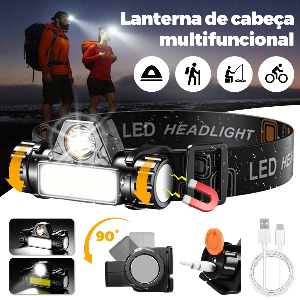 4 PCS Lanterna Cabeça Recarregável 5000 Lumens T6 COB 800m IPX4 Magnética Headlamp