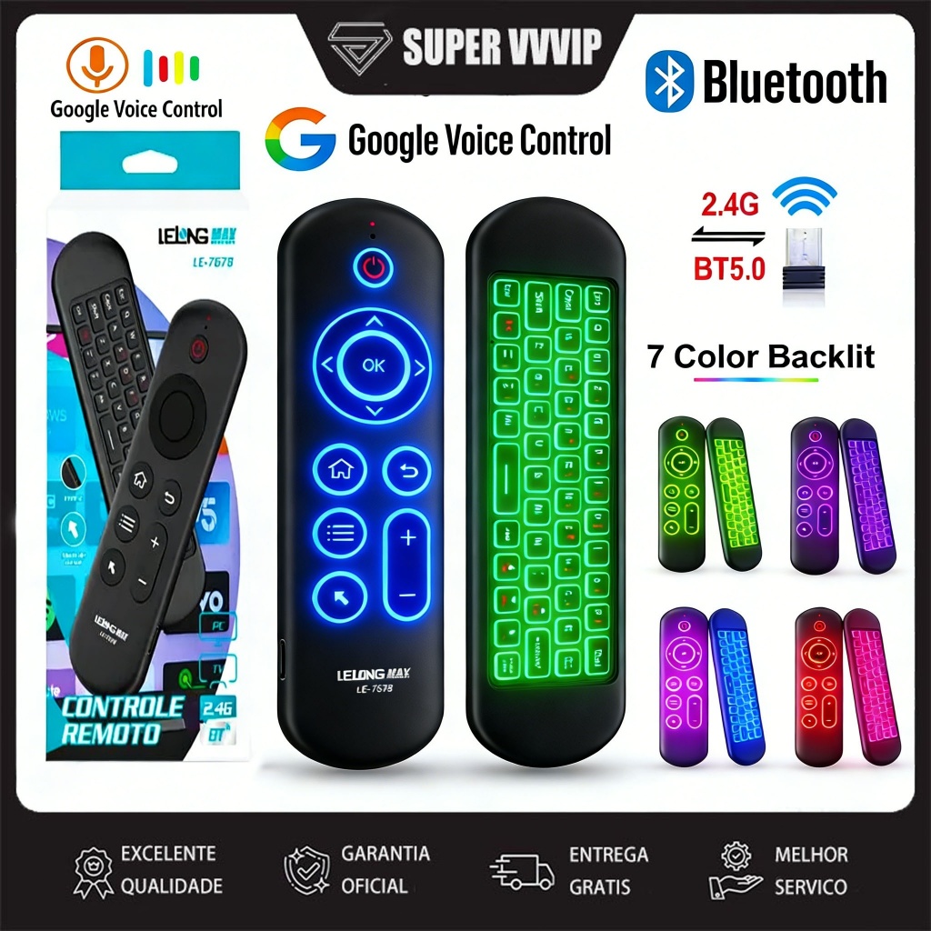 Teclado com Voz Air Mouse RGB Controle Remoto Smart TV Android Bluetooth Windows Luminoso PC Linux USB LED 2.4G LE-7678