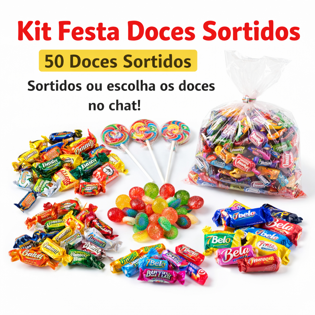 Kit Festa - 4 saquinhos com 50 doces sortidos– Aniversário e ...
