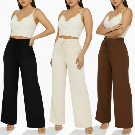 Kit 3 Calça Wide Leg Feminina Tecido Duna Pantalona Moderna com Bolsos