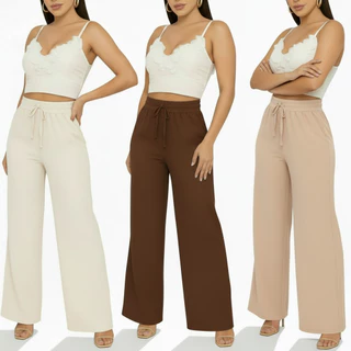 Kit 1 a 3 Calça Pantalona Feminina Cintura Alta Com Bolso Tecido Duna Tendencia