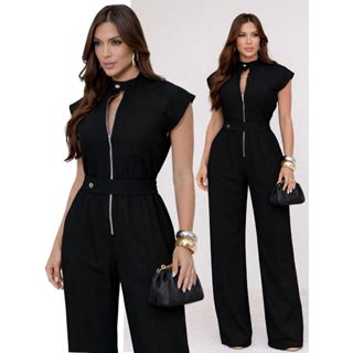 Macacão Feminino Cargo Longo Com Ziper Frontal Alfaiataria Elegante em Oferta na Shopee