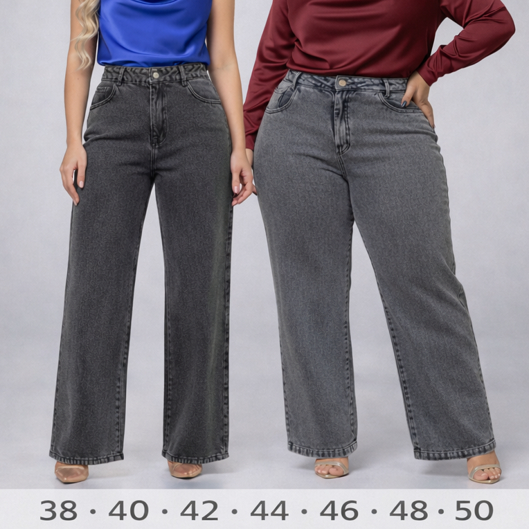 Calça Jeans Wide Leg Feminina Premium Preta Marmorizada, Cintura Alta, Direto da Fábrica