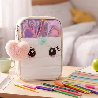 Estojo Escolar Infantil De Menina Unicórnio 3D com Zíper Grande Organizador Lapís Papelaria Fofa