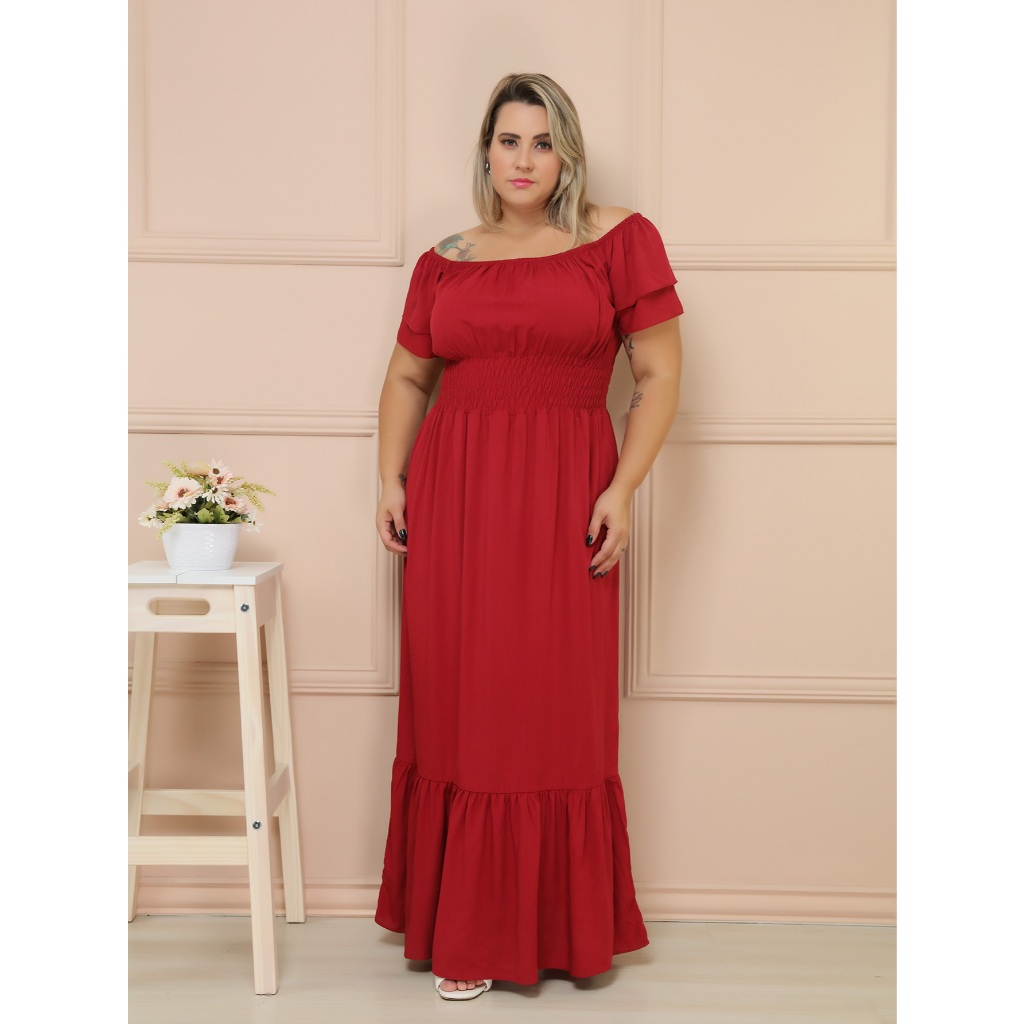 Vestido longo plus size ombro a ombro com manga curta dupla, cintura elástica e babado vermelho/preto/rosa/V48