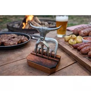 Kit Garra De Urso Tridente Alumínio Base Madeira Churrasco!