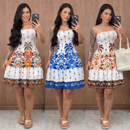 Vestido Tropical Feminino Curto Tomara que Caia Estampado 2026 ENTREGA IMEDIATA