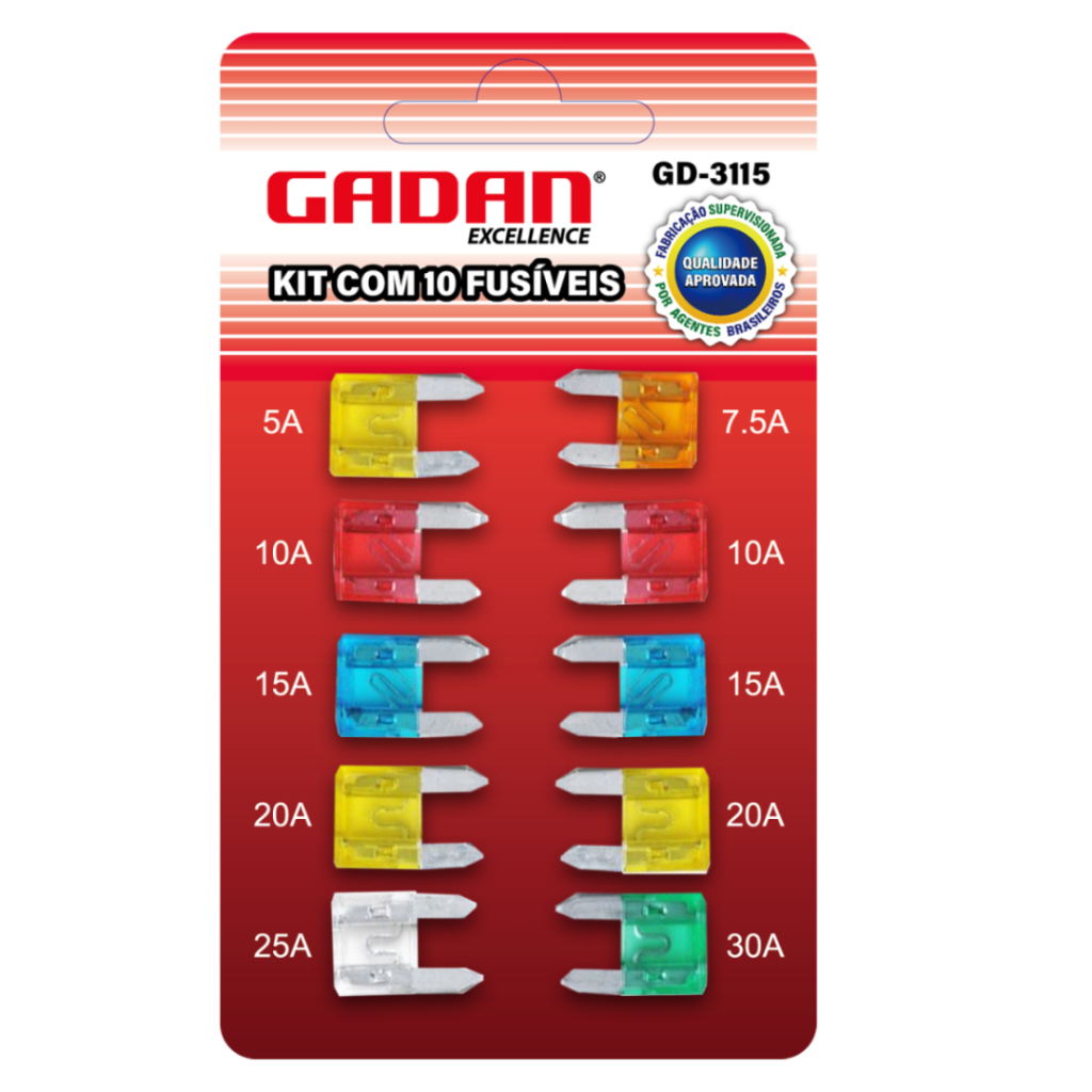 KIT COM 10 FUSIVEIS (MINI) AUTOMOTIVO - GADAN - 5a / 7,5a / 10a / 15a ...