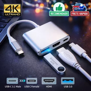 Hub USB-C 3 em 1 Adaptador HDMI 4K, USB 3.0, Tipo-C PD 100W para Notebook, MacBook, Celular Tablet