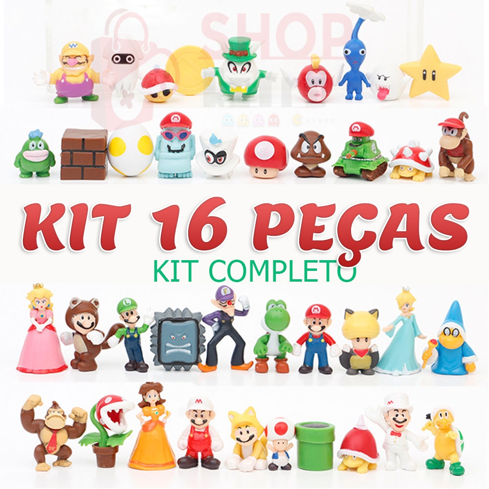 Kit Completo de 16 Bonecos Novos  Super Mario Bros Miniatura Mario Colecionáveis em Oferta na Shopee